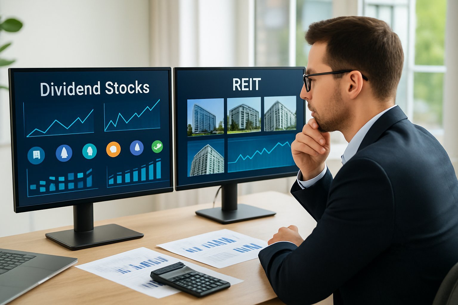 A person in an office comparing financial data on two screens, one showing stock market charts and the other showing real estate images and charts.
