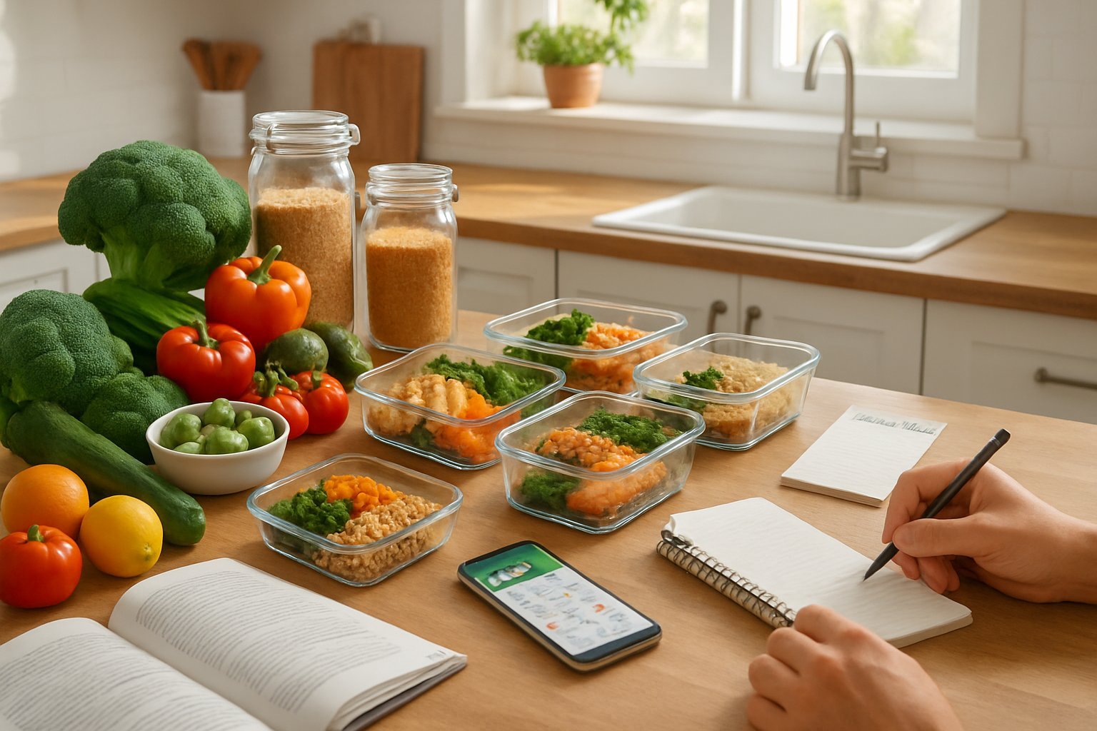 A kitchen countertop with fresh ingredients, a person writing on a notepad, recipe books, and meal prep containers.